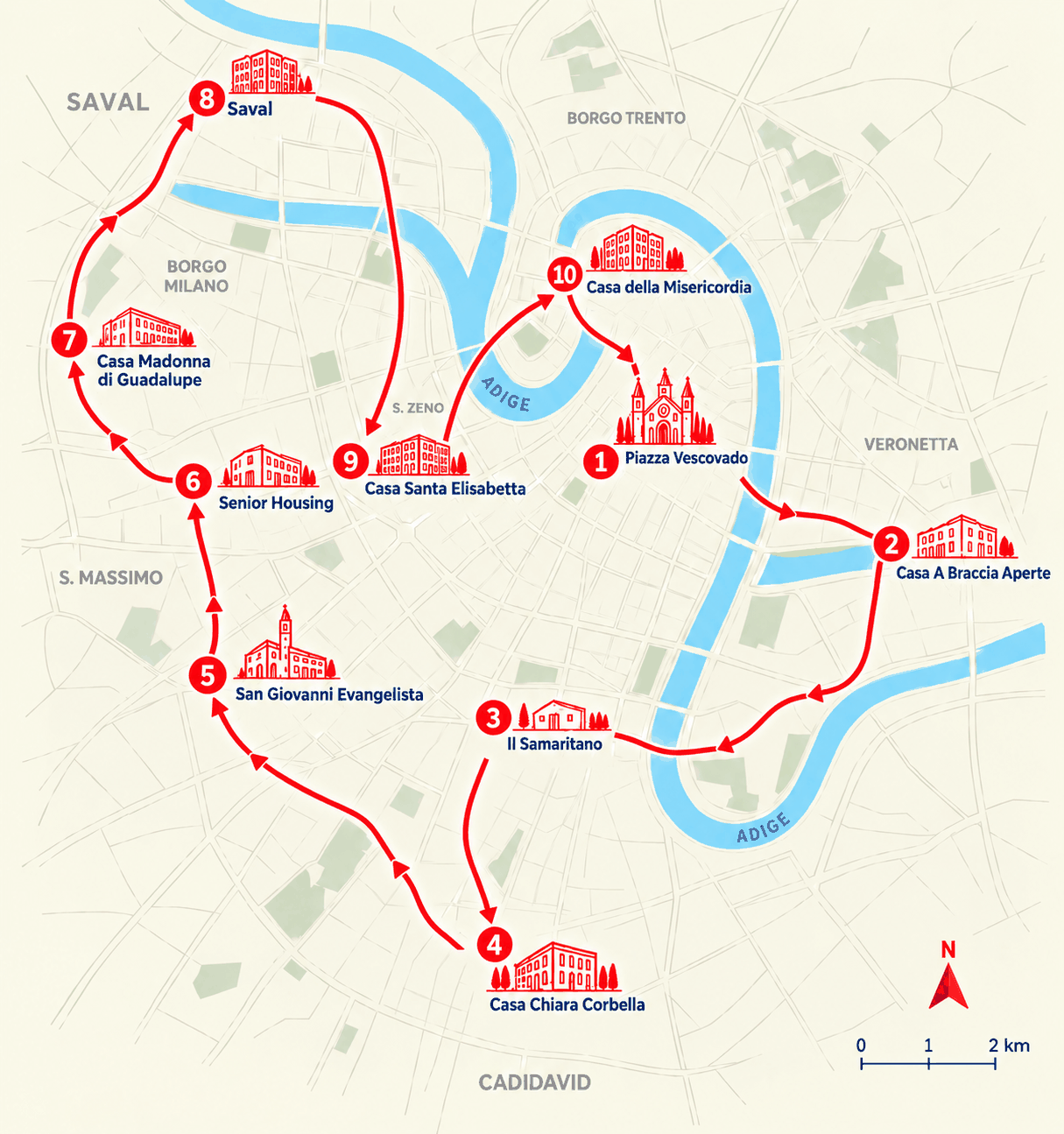 Mappa illustrata del percorso Di casa in casa con le 10 tappe numerate attraverso Verona